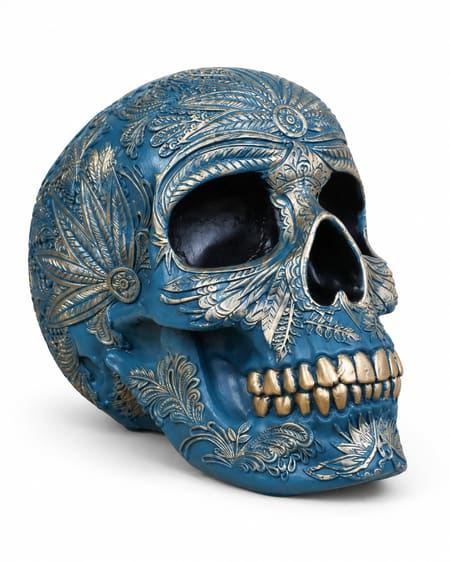 Blue decorative skull with raised botanical patterns highlighted in gold and gold teeth, shown at a three-quarter angle