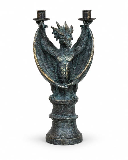 Gothic winged dragon twin taper candle holder with dark teal-grey and gold distressed finish, shown without candles