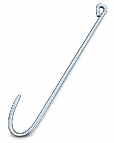 Silver-finish long J-shaped Halloween costume hook prop with small loop at the opposite end