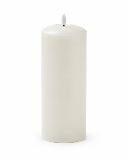 Ivory wax LED pillar candle with a 3D flame, 25cm high and 10cm diameter
