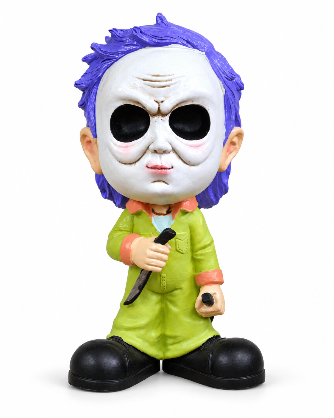 Big-head man figurine with white mask, purple hair, green boilersuit and miniature knife