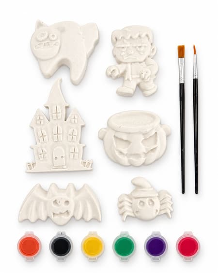 Locally handmade Halloween paint your own kit contents: six shapes, six paints and two brushes