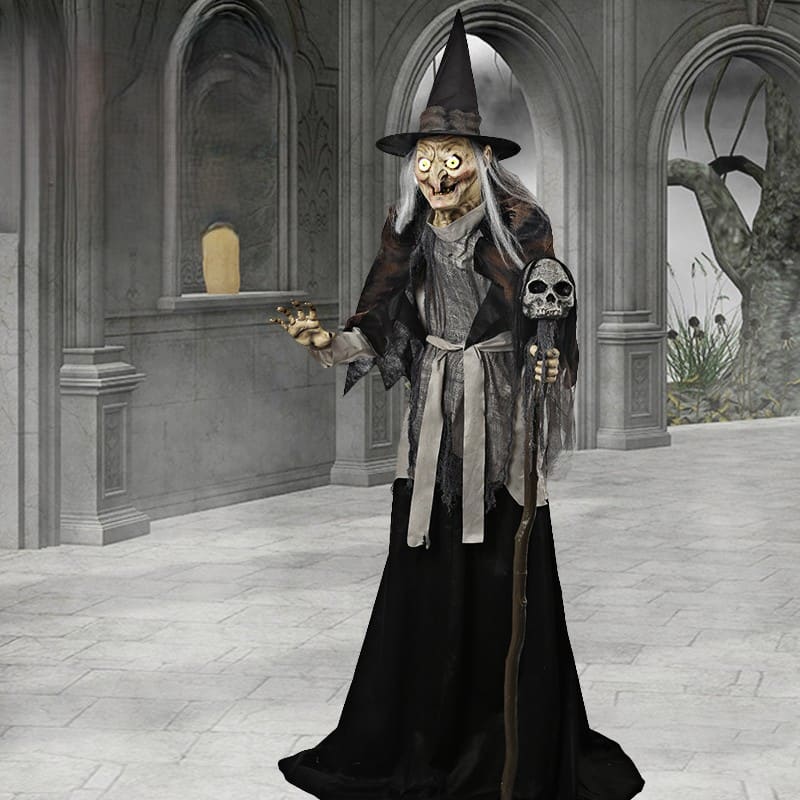 Lunging Haggard Witch Halloween Decoration with Skull Staff