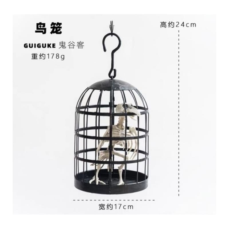 Black Metal Halloween Bird Cage with Bird Skeleton