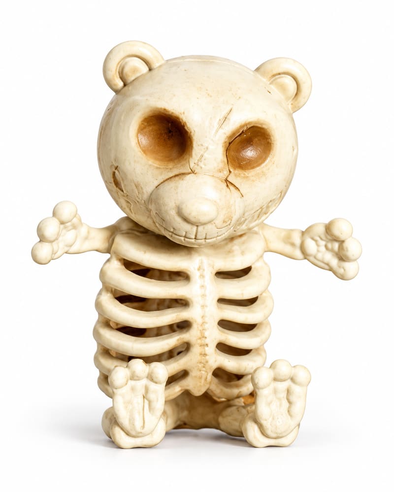 Ivory teddy bear skeleton Halloween decoration on white background