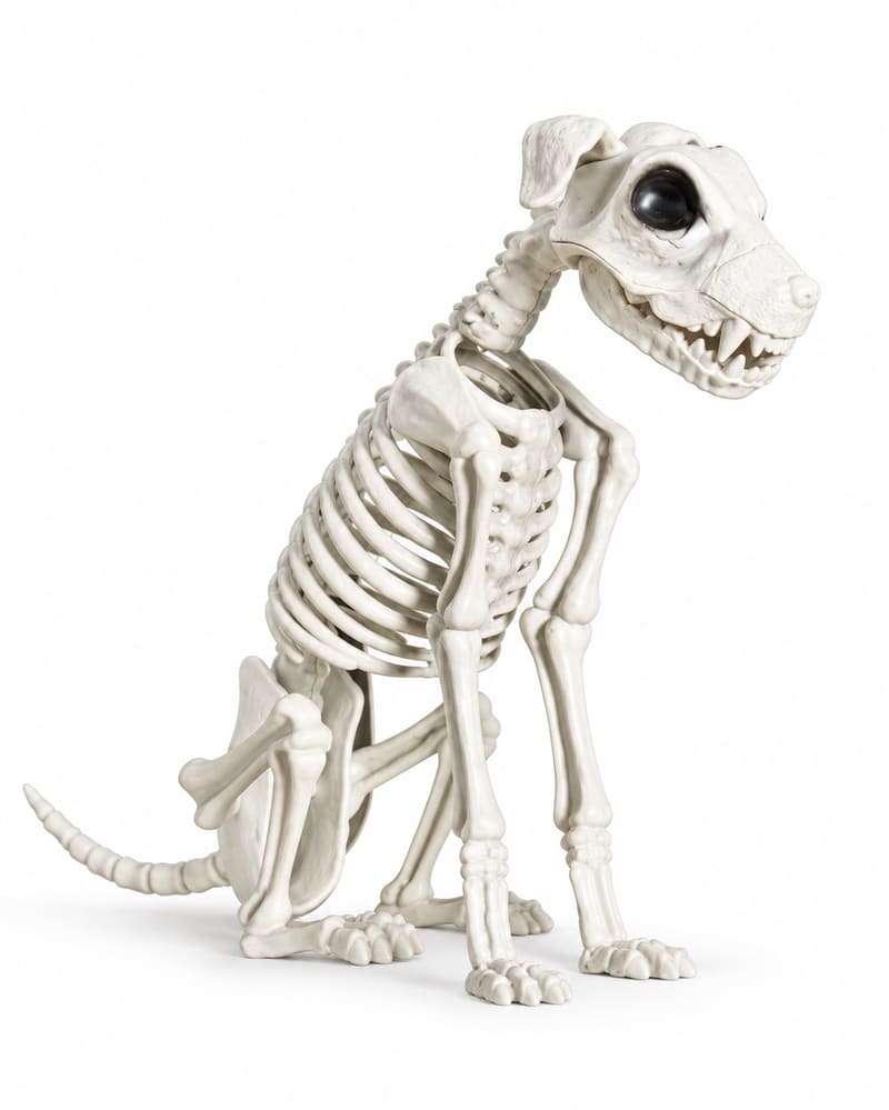 Seated ivory dog skeleton Halloween decoration on white background
