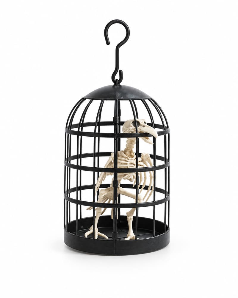 Black Halloween bird cage with ivory bird skeleton on white background