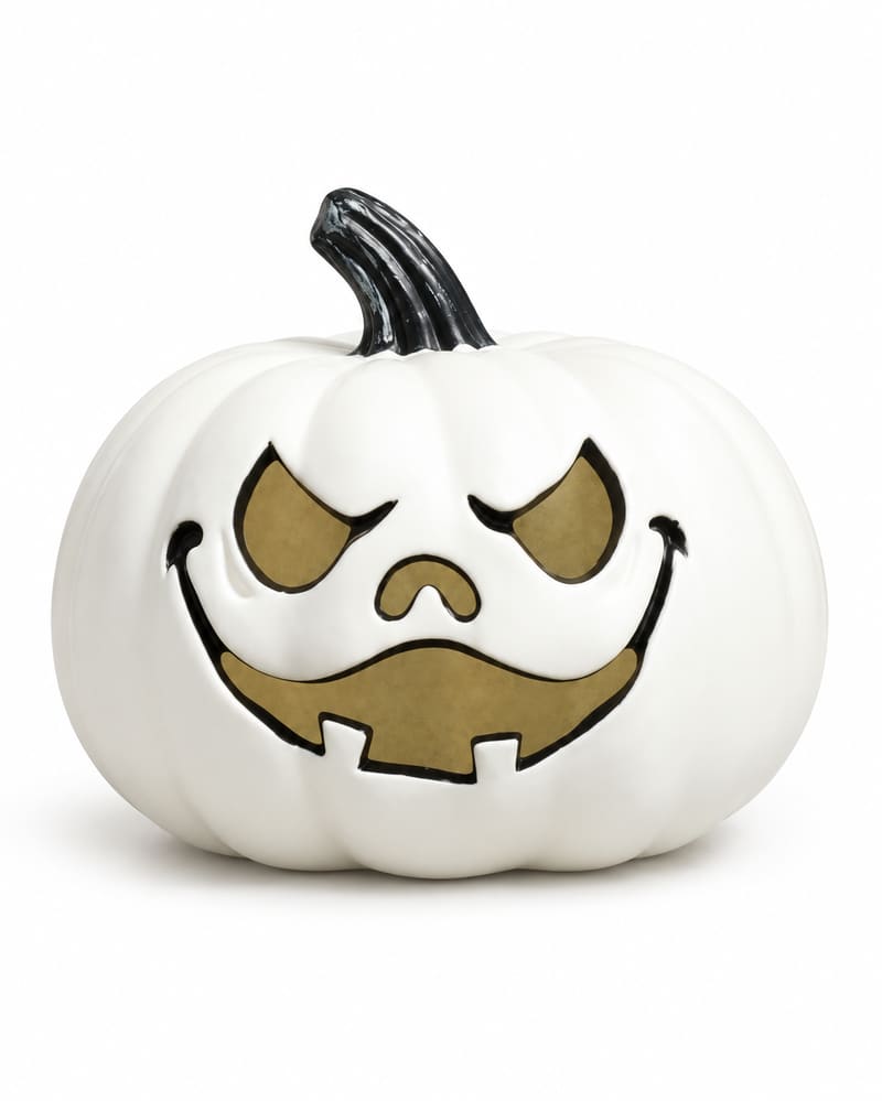 White ghost-face Halloween pumpkin with black stem on a white background