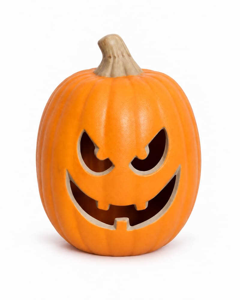 Orange grinning jack-o-lantern pumpkin decoration on a white background