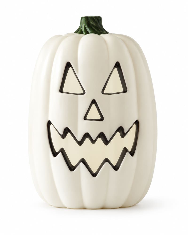 Tall white jack-o-lantern pumpkin with green stem on white background