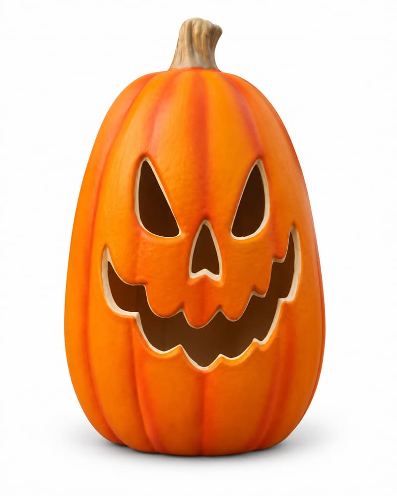 Tall orange pumpkin with scalloped grin on a white background