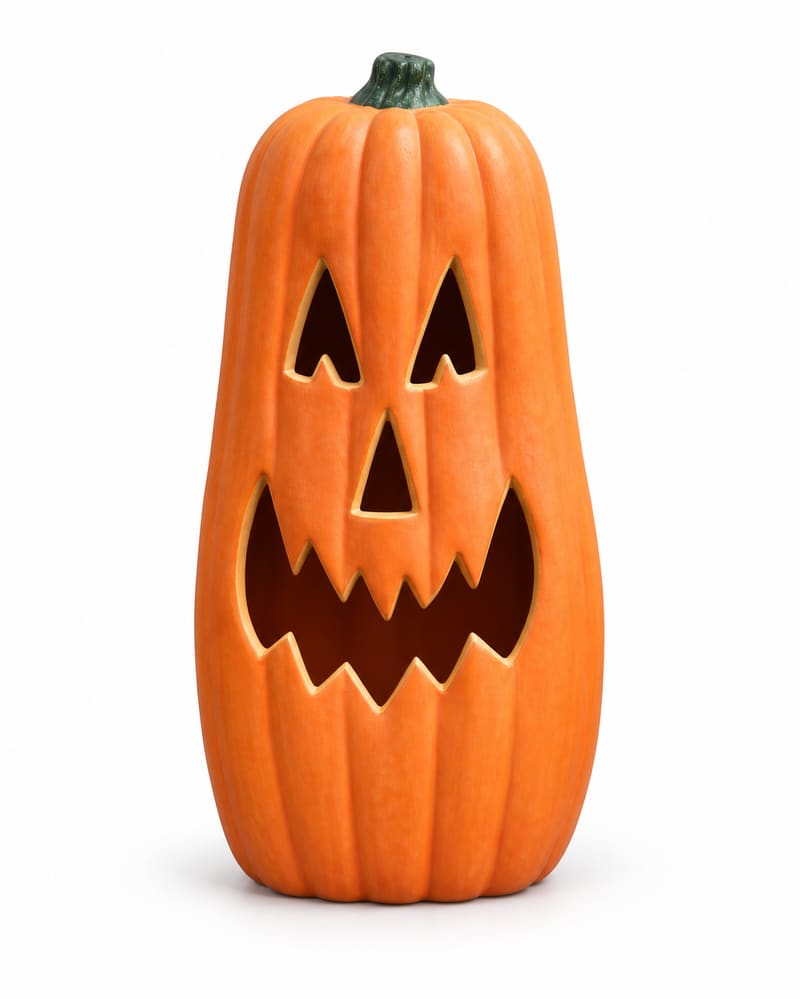 Tall orange jack-o-lantern pumpkin on a white background