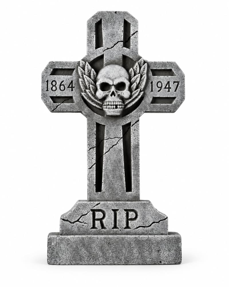 Grey RIP cross tombstone Halloween decoration with skull on white background