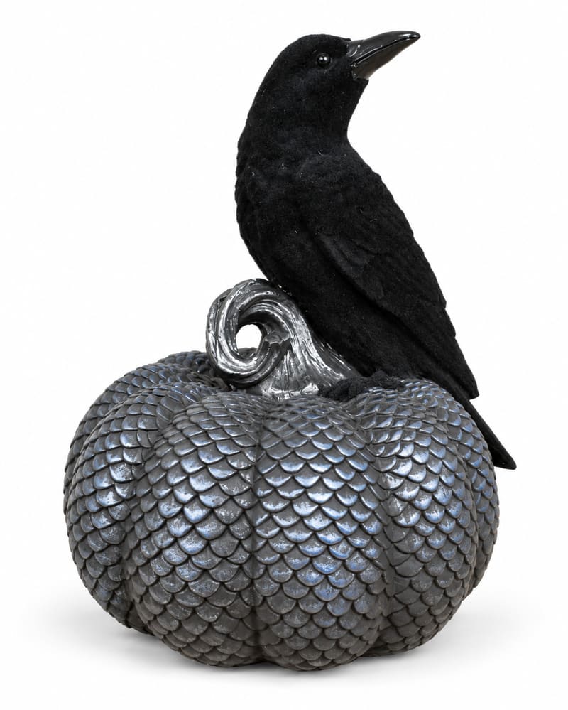 Black Crow on Scale-Patterned Pumpkin Ornament