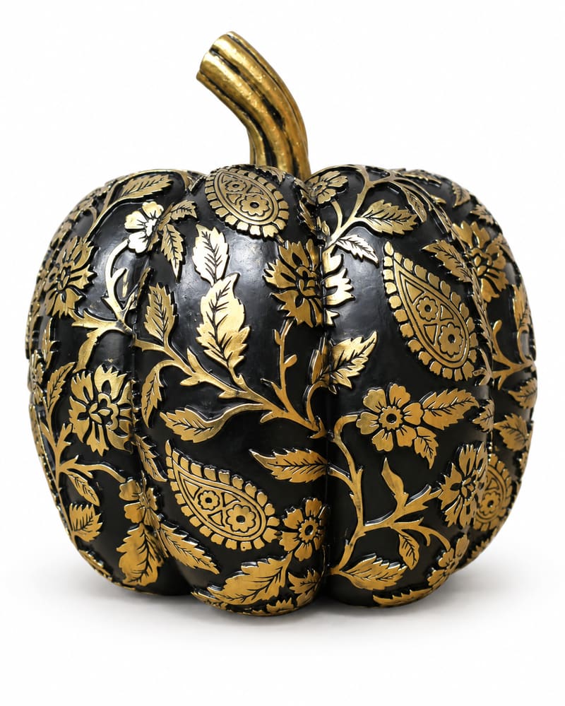 Black &amp; Gold Decorative Pumpkin with Floral Design