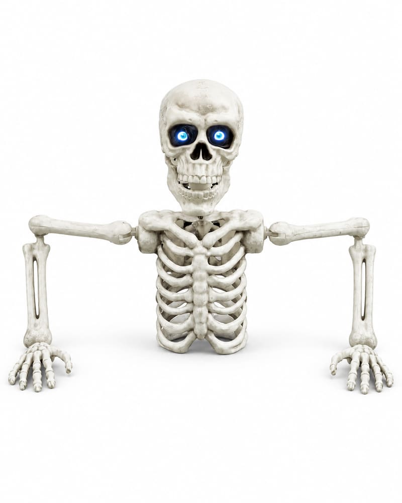 Four-foot skeleton grave breaker with blue LCD eyes on white background