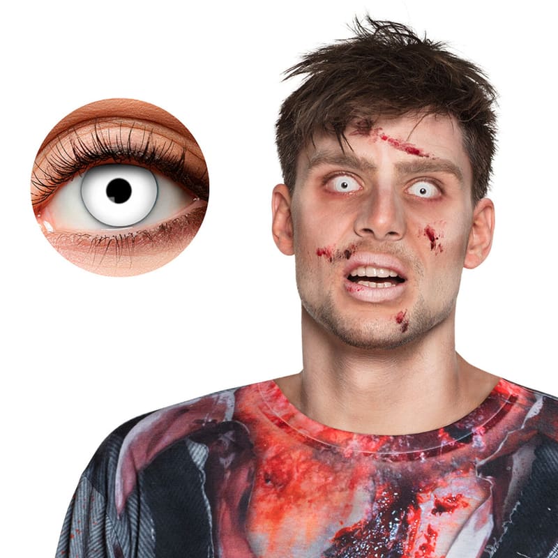 White Zombie Contact Lenses One Week Wear — model wearing lenses and lens design close-up