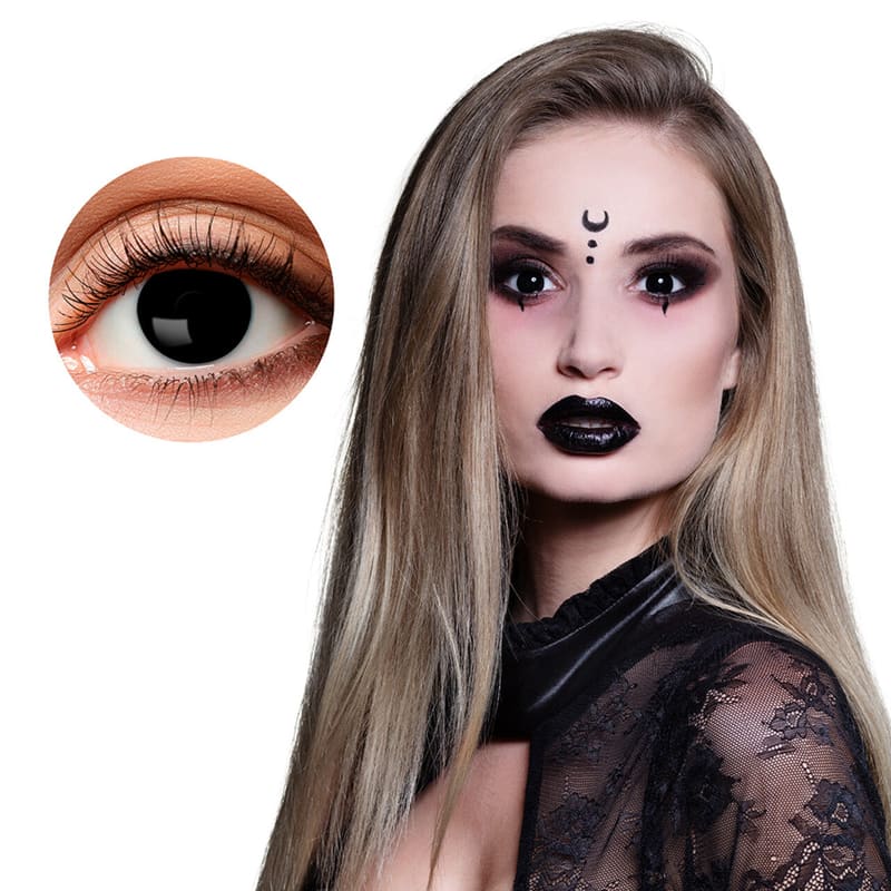 Black Witch Cosmetic Contact Lenses One Week Use — model wearing lenses and lens design close-up