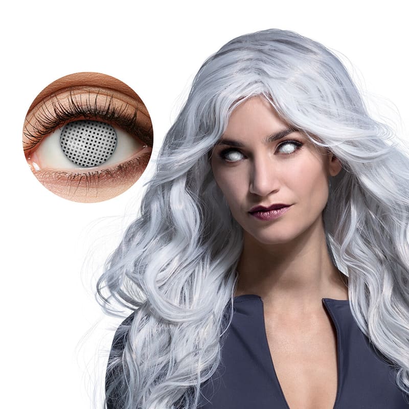 White Mist Costume Contact Lenses (1 Week) — model wearing lenses and lens design close-up