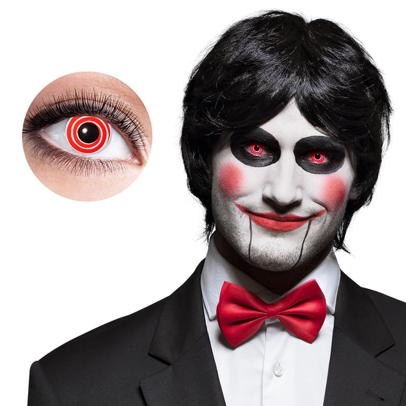Spiral Red Contact Lenses — model wearing lenses and lens design close-up
