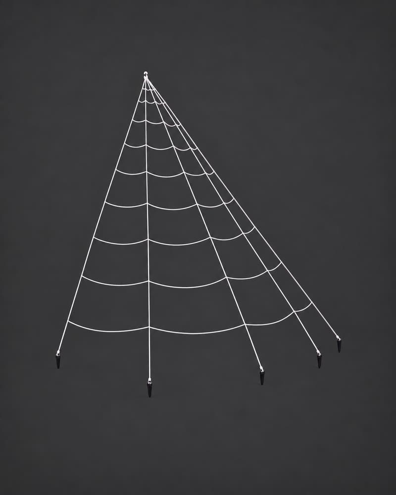 Giant white fan-shaped Halloween spider web with five ground stakes, shown against a charcoal background