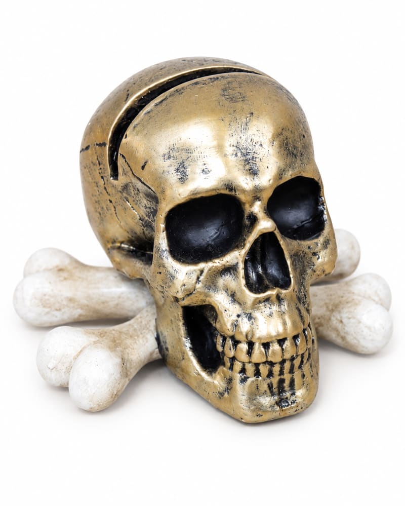 Gold-coloured skull and crossbones place card holder with a visible card slot, shown on white