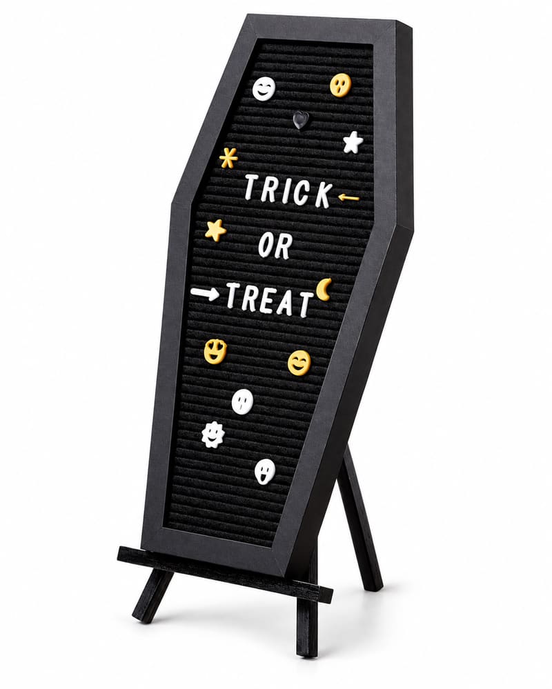 Black coffin-shaped Halloween letter board on its stand with Trick or Treat lettering and emoji pieces