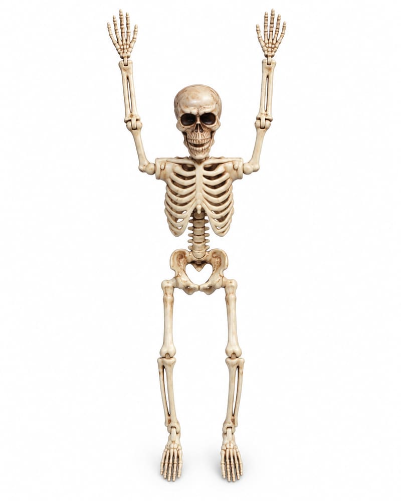 Single 35cm bone-coloured poseable Halloween skeleton with both arms raised, shown on white
