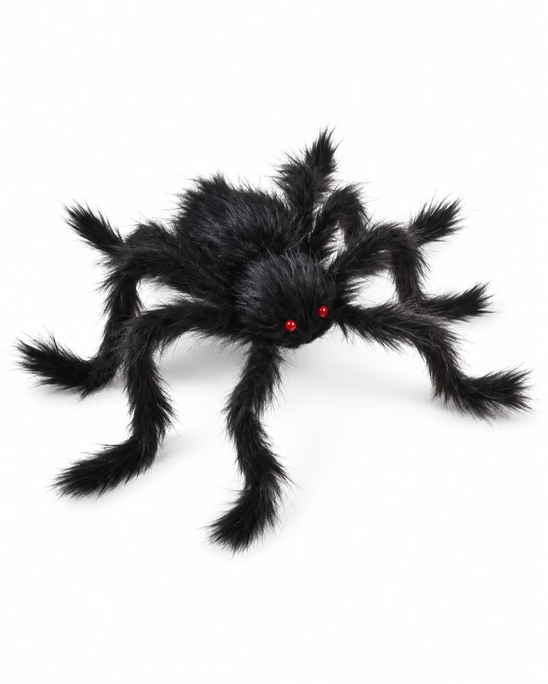 Black hairy poseable Halloween spider with eight legs and red bead eyes, shown on white
