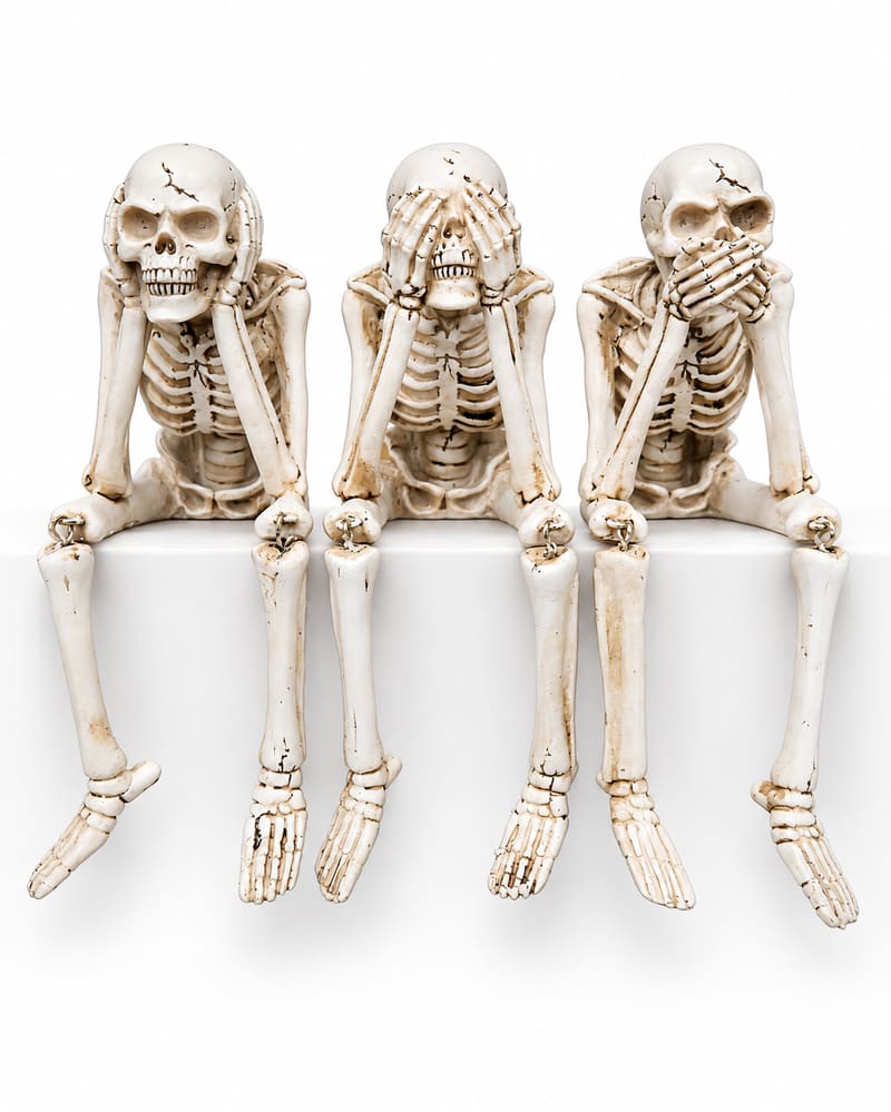 Set of three aged bone-coloured skeleton shelf sitters covering ears, eyes and mouth, with dangling legs
