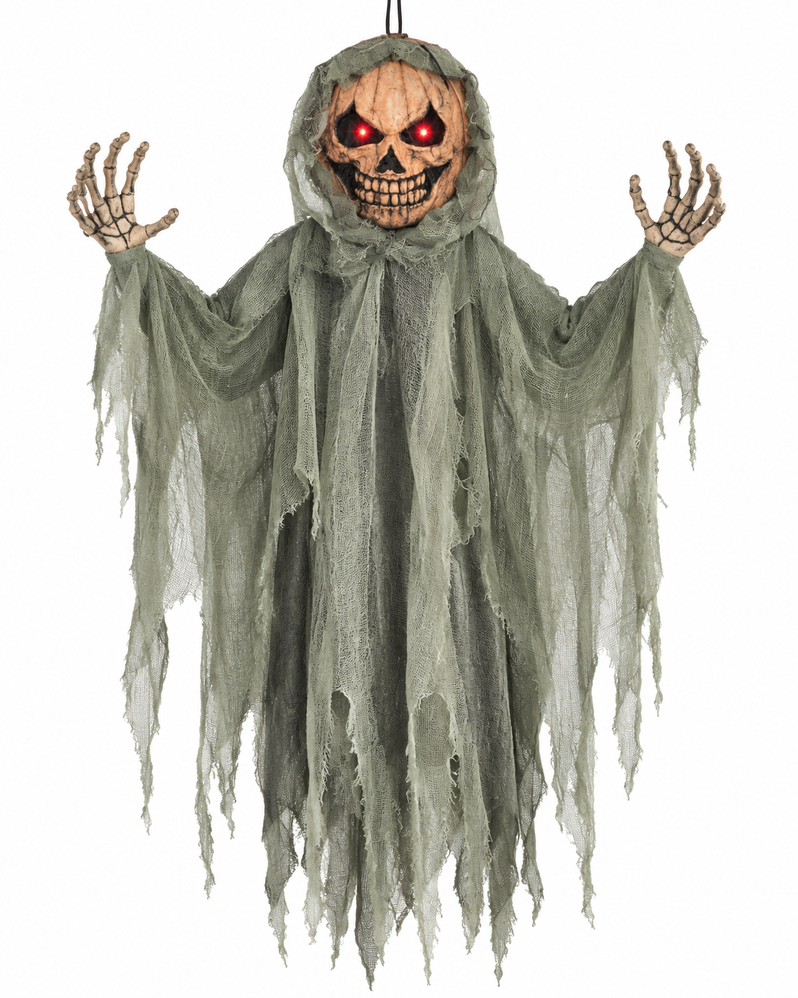 5ft hanging pumpkin decoration with red illuminated eyes and grey-green gauze robe on white background