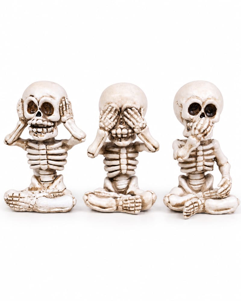 Three cross-legged skeleton figurines in hear, see and speak no evil poses