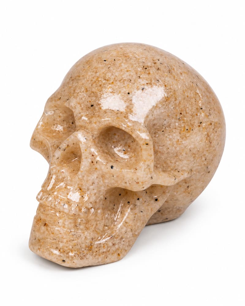 Cream and brown speckled resin skull ornament with a stone-effect finish