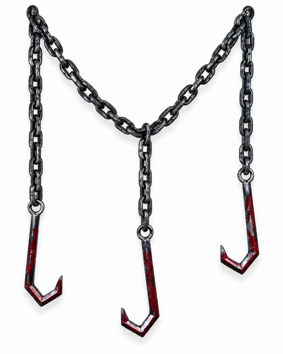 Grey Halloween prop chain with two distressed red decorative hooks