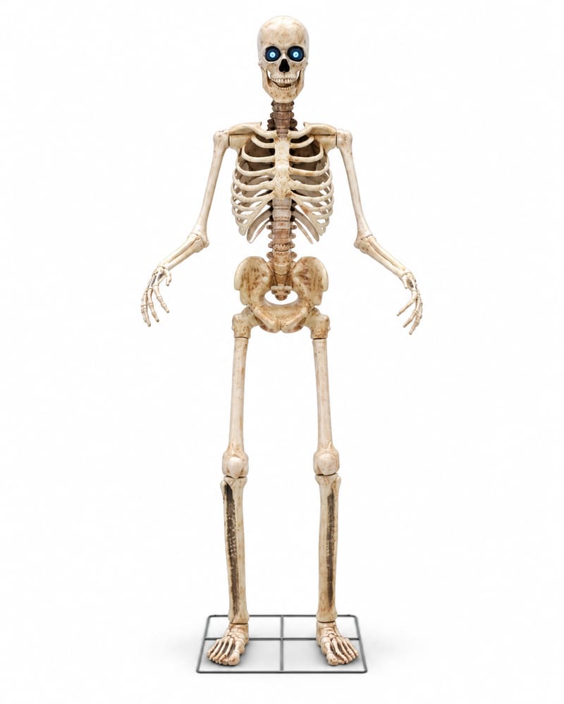 2.5-metre animated Halloween skeleton with glowing blue eyes, standing on its metal base against a white background
