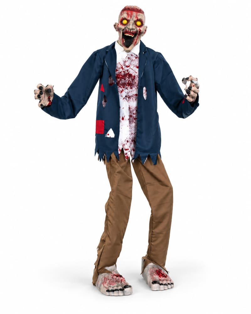 Animated zombie Halloween prop in torn clothing with outstretched hands
