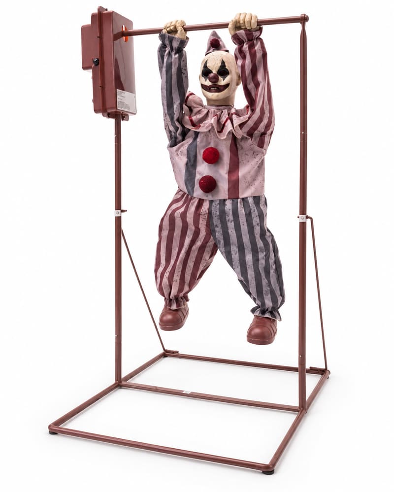 Animated clown Halloween prop hanging from its freestanding metal frame