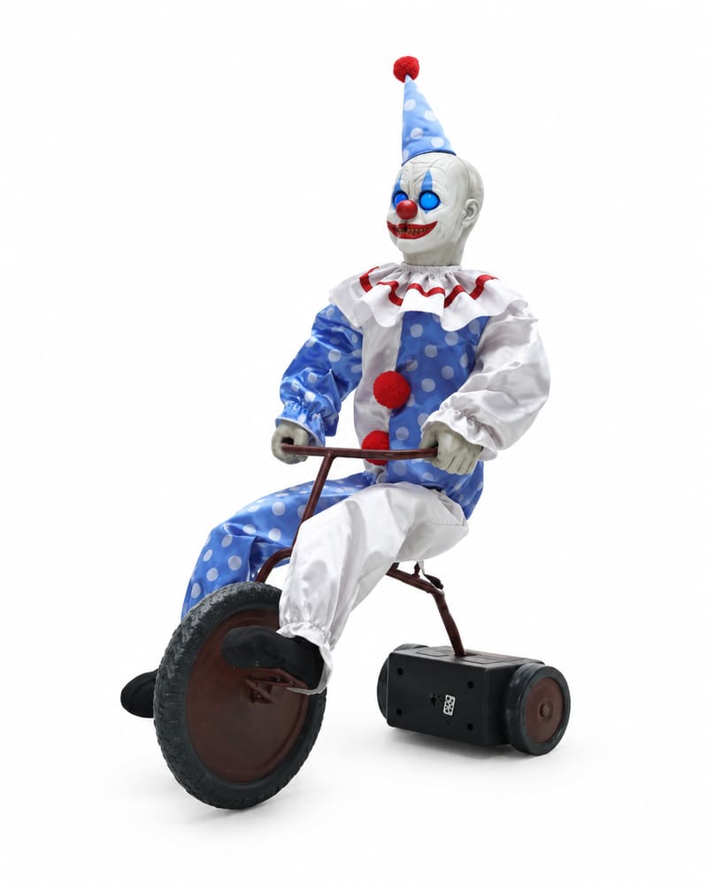Clown in blue and white polka-dot costume riding a dark red tricycle with black wheels