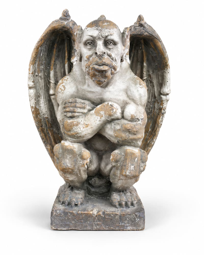 Crouching winged gargoyle with crossed arms and a distressed grey, white and brown stone-effect finish