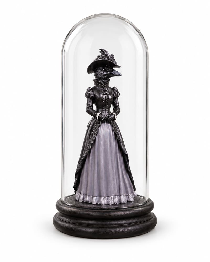Crow-headed lady in a black Victorian bodice and grey skirt inside a tall glass dome on a dark wooden base