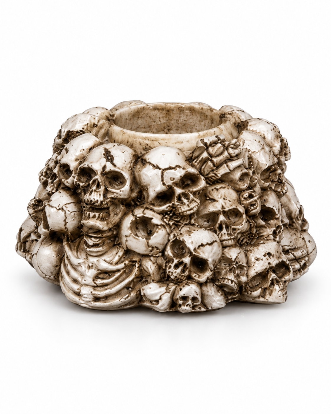Distressed ivory skull and skeleton bone candle holder with empty central candle recess