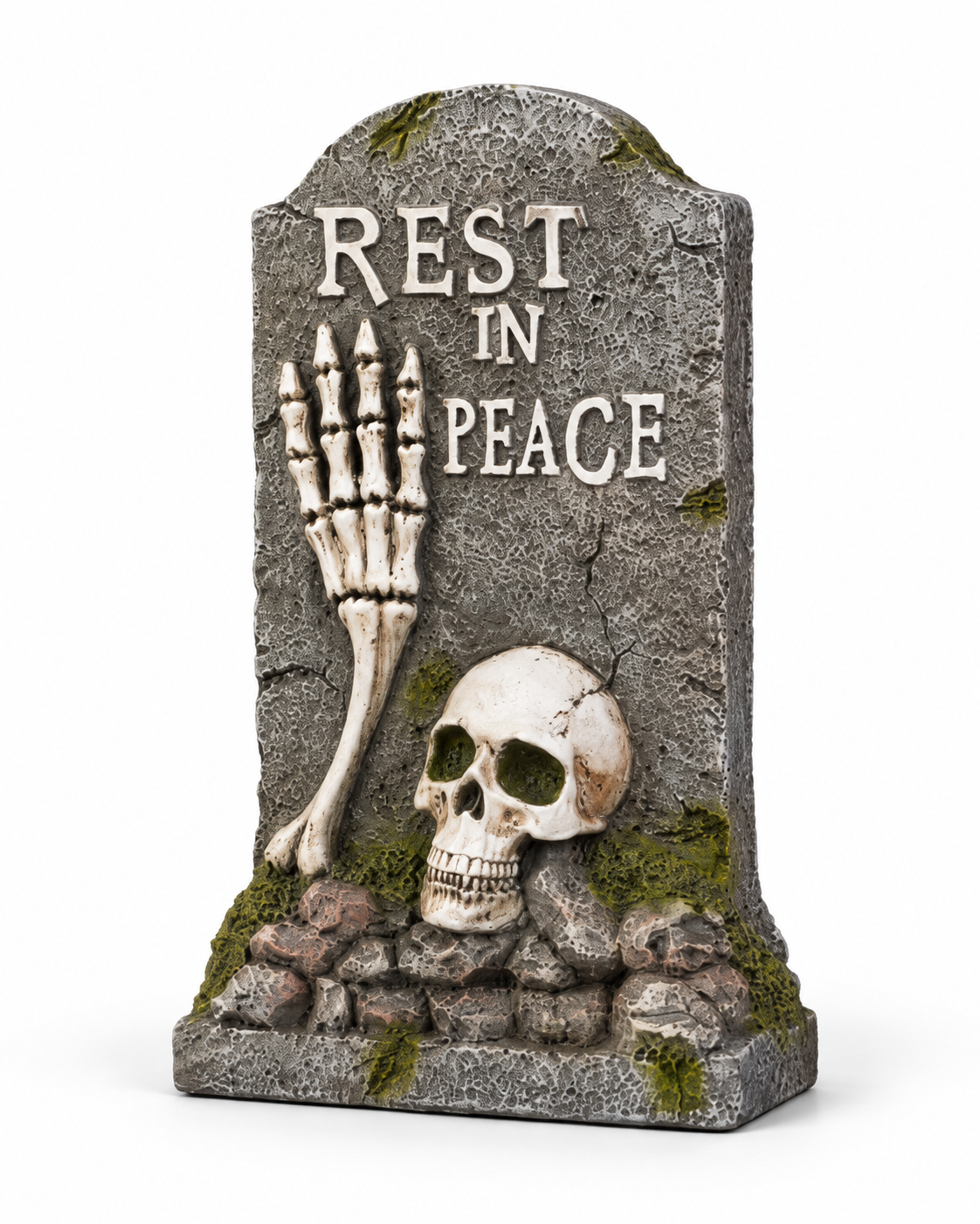 Rest in Peace grey stone-effect gravestone ornament with skeletal hand, skull, moss and rocky base