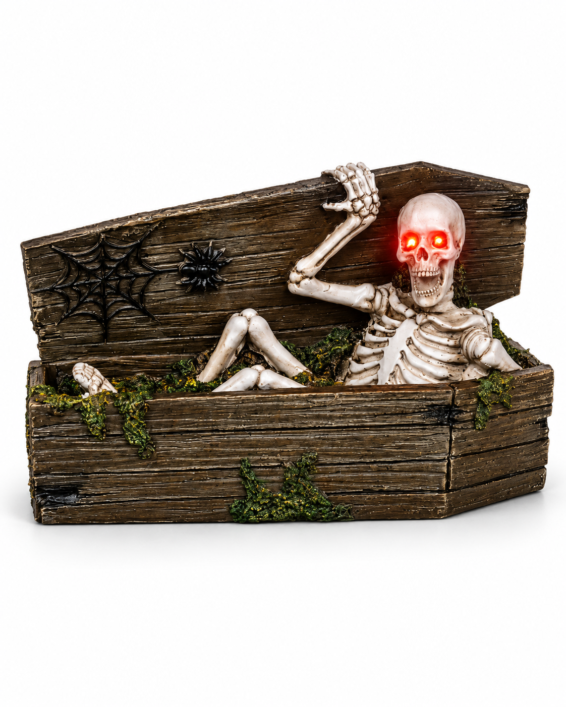 Skeleton with glowing red eyes reclining in an open weathered wood-effect coffin decorated with moss, spider and web