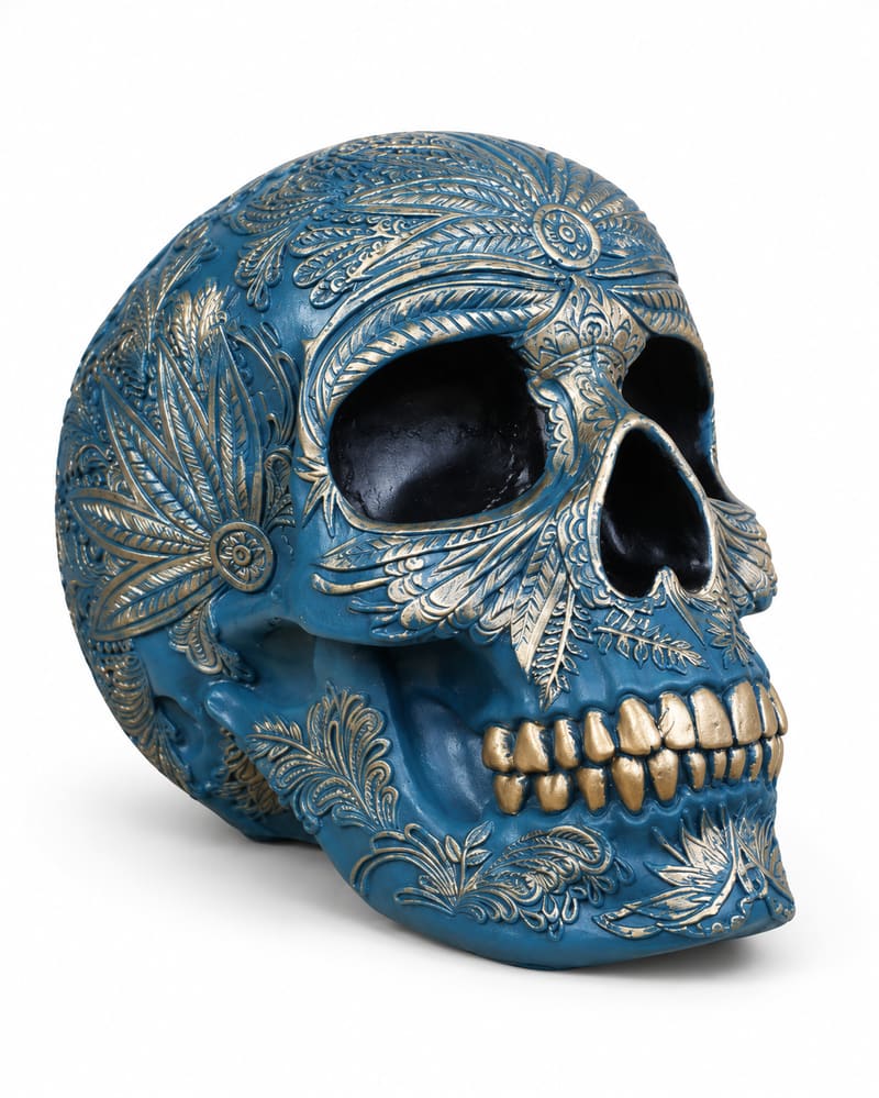 Blue decorative skull with raised botanical patterns highlighted in gold and gold teeth, shown at a three-quarter angle