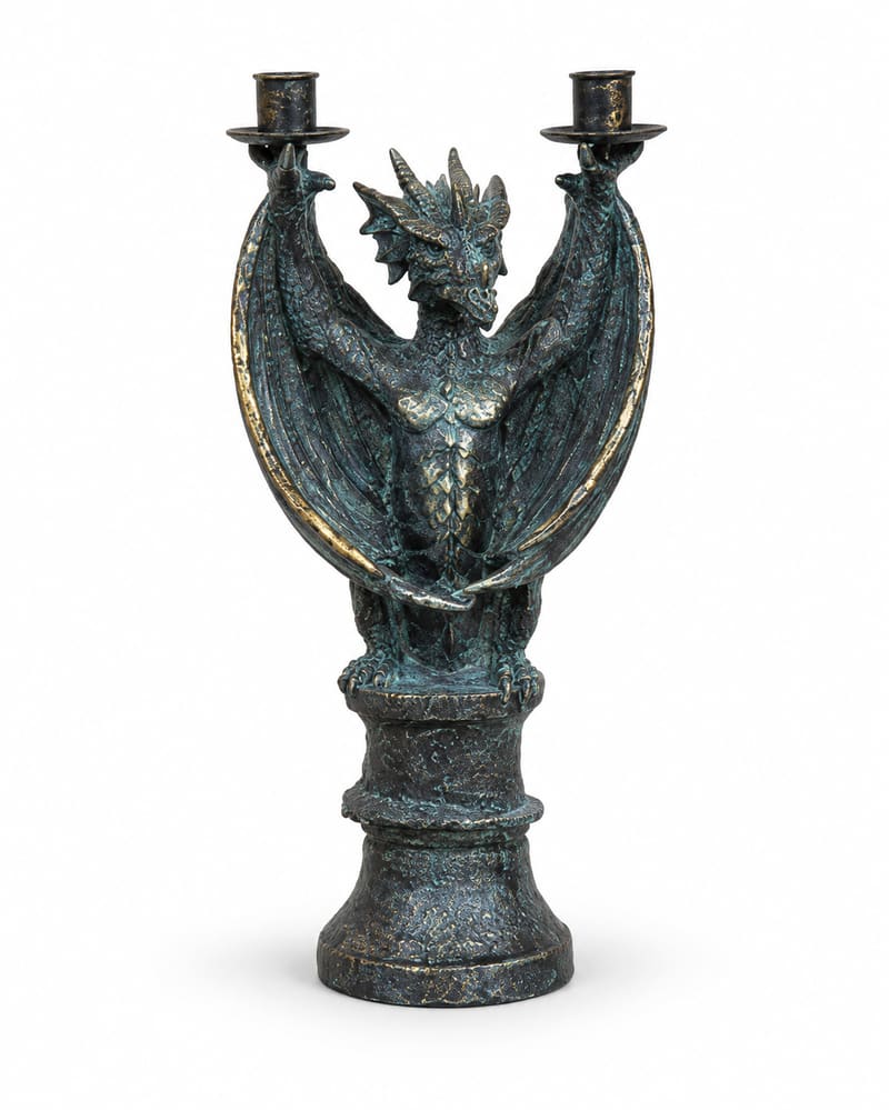 Gothic winged dragon twin taper candle holder with dark teal-grey and gold distressed finish, shown without candles