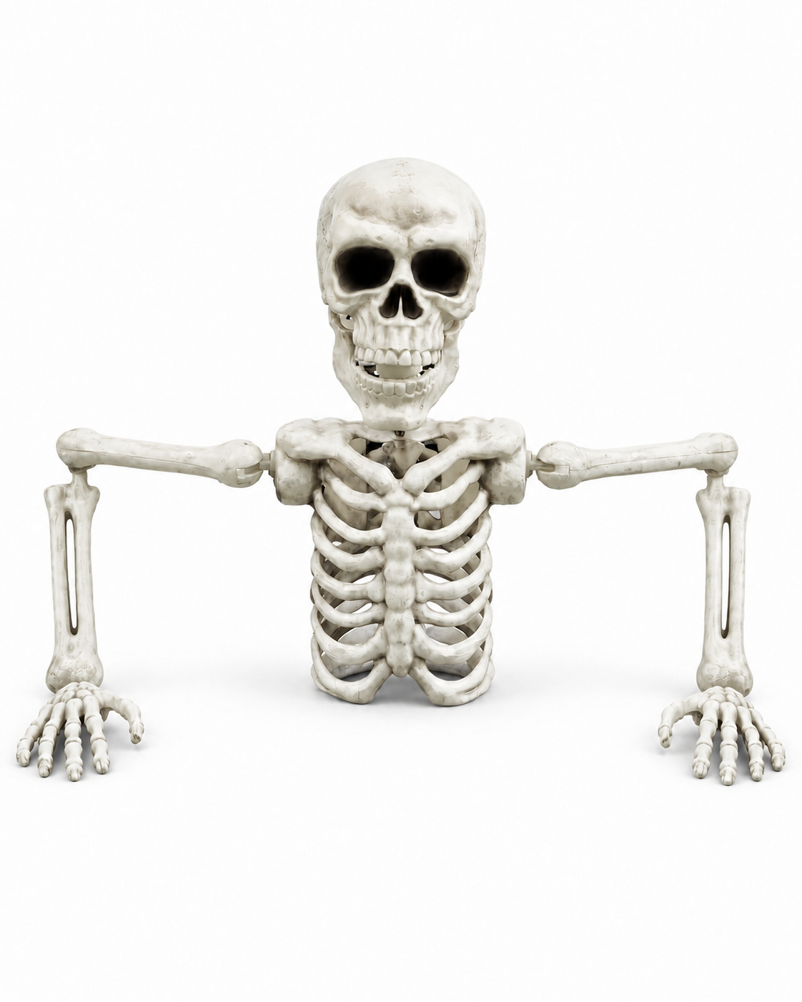Four-foot skeleton grave breaker with normal black eye sockets on a white background