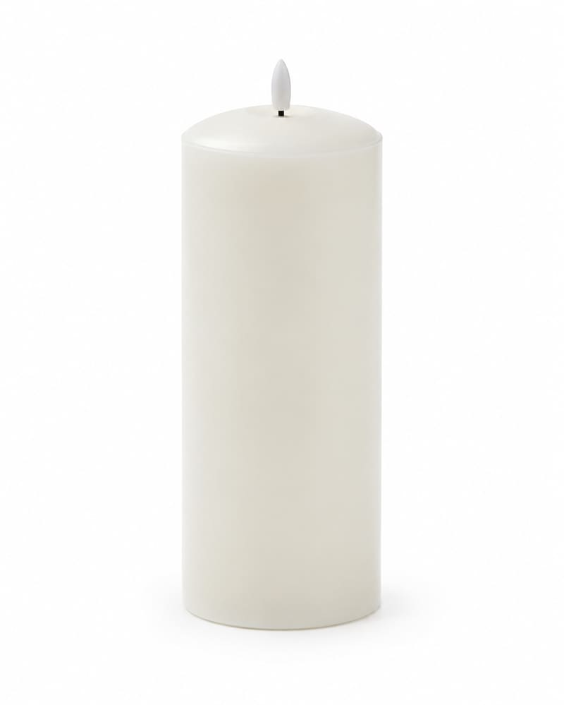 Ivory wax LED pillar candle with a 3D flame, 25cm high and 10cm diameter
