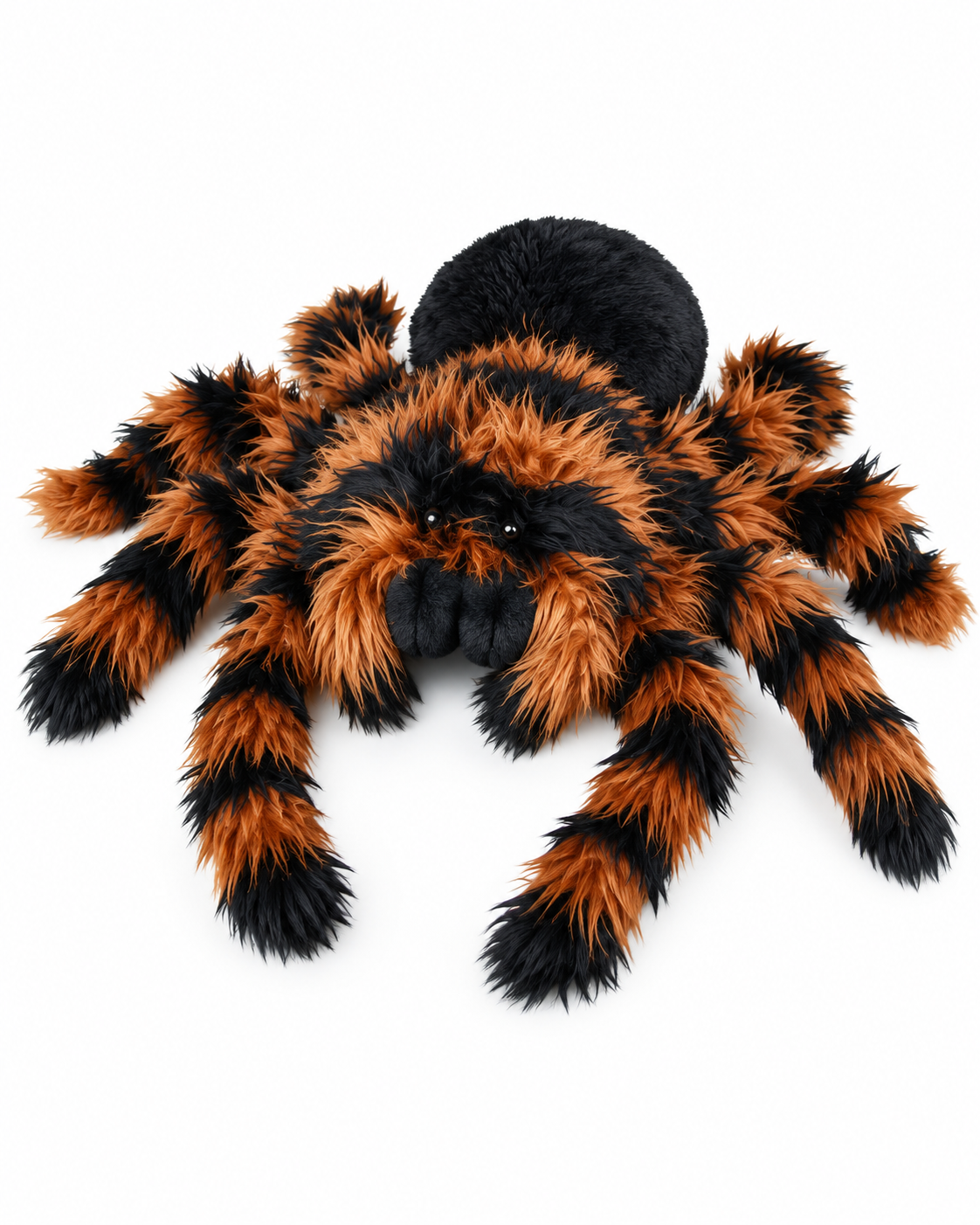 Giant black and copper-brown tarantula plush spider with eight shaggy legs