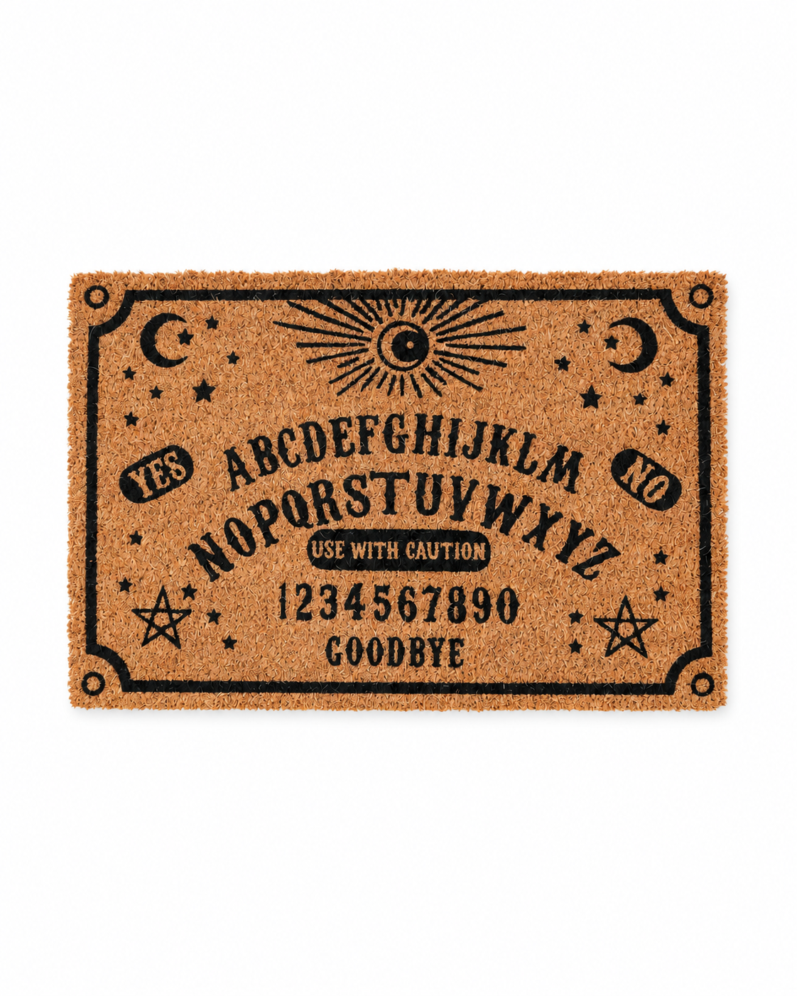 Natural coir doormat with black talking-board alphabet, numbers, sun, moons and stars, shown on a white background