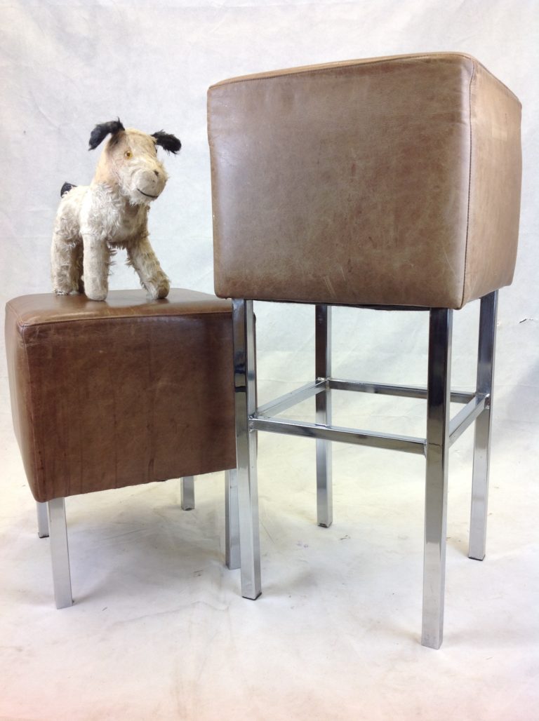 Leather-topped Cube Stool - Tall